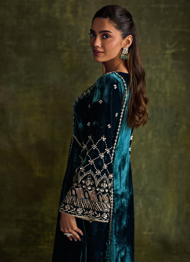 Teal Blue Velvet Embroidered Kurta Pants Set Sanya Gulati - Fabilicious Fashion
