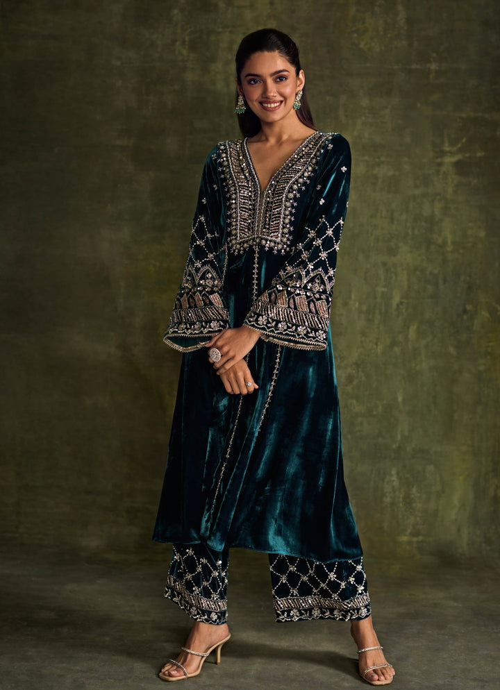 Teal Blue Velvet Embroidered Kurta Pants Set Sanya Gulati - Fabilicious Fashion