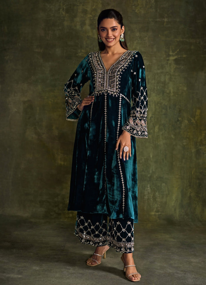 Teal Blue Velvet Embroidered Kurta Pants Set Sanya Gulati - Fabilicious Fashion