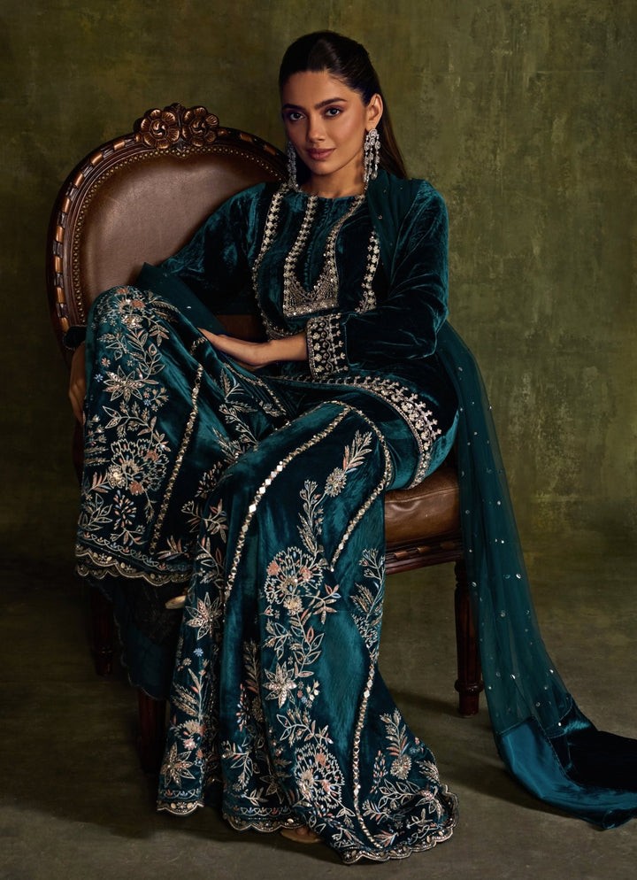Teal Blue Velvet Embroidered Kurta Sharara Set Sanya Gulati - Fabilicious Fashion