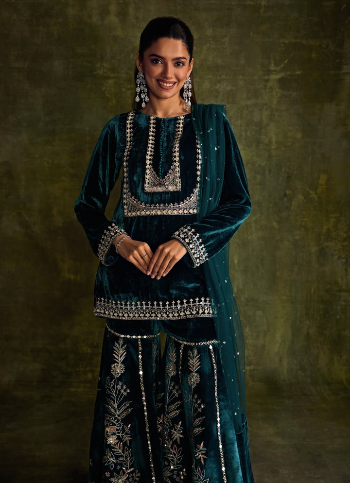 Teal Blue Velvet Embroidered Kurta Sharara Set Sanya Gulati - Fabilicious Fashion