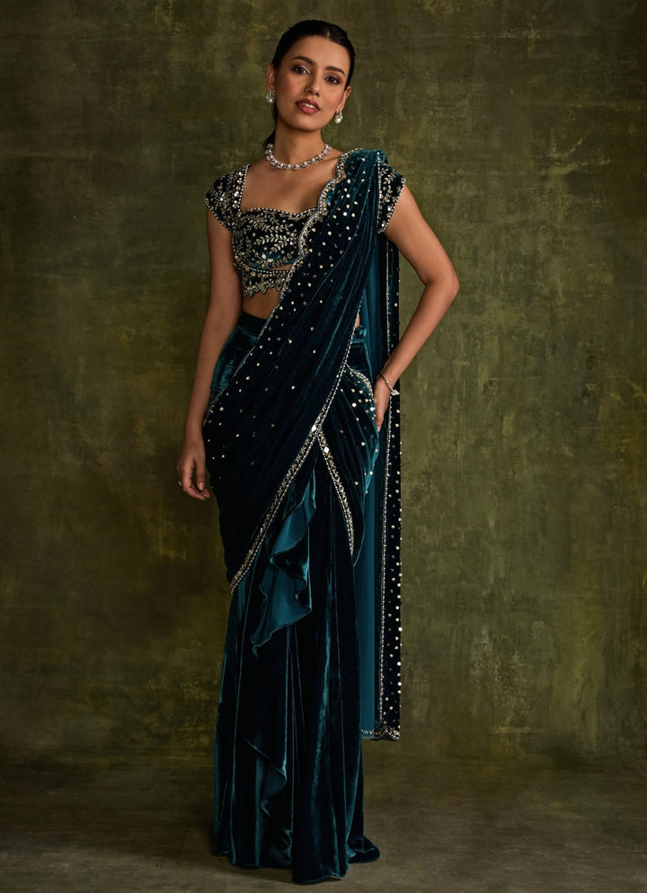 Teal Blue Velvet Embroidered Pre - Draped Saree Sanya Gulati - Fabilicious Fashion