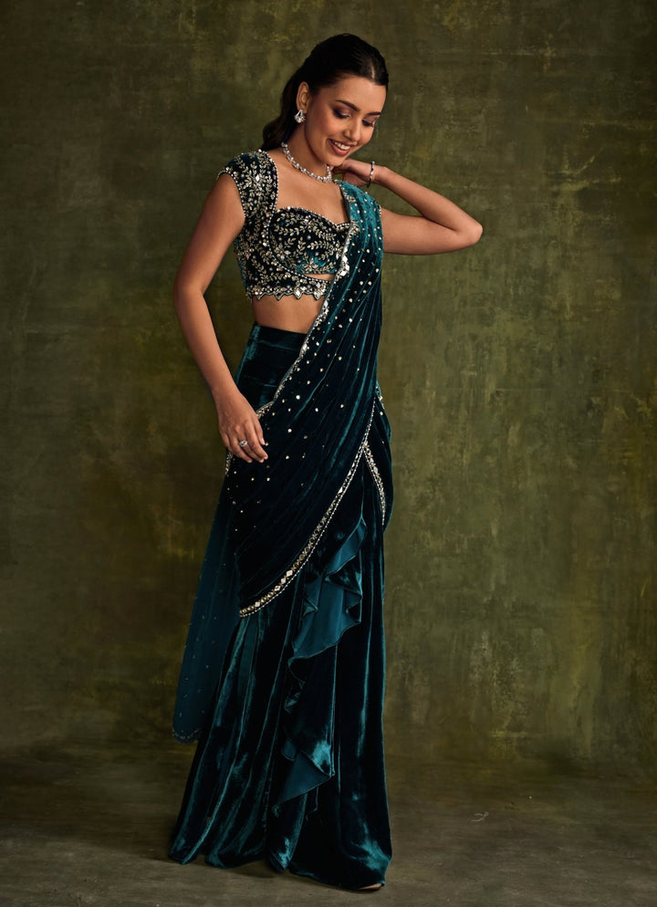 Teal Blue Velvet Embroidered Pre - Draped Saree Sanya Gulati - Fabilicious Fashion