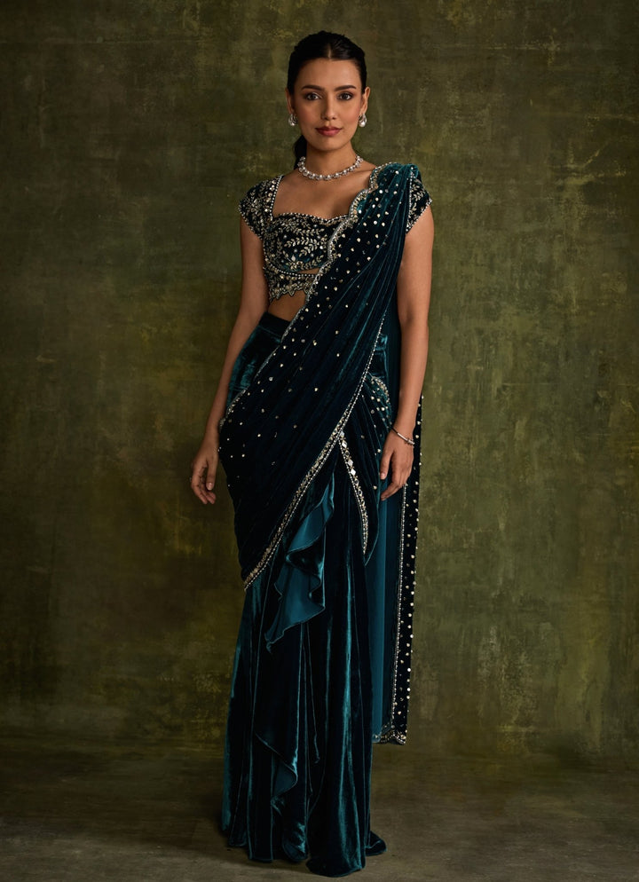 Teal Blue Velvet Embroidered Pre - Draped Saree Sanya Gulati - Fabilicious Fashion