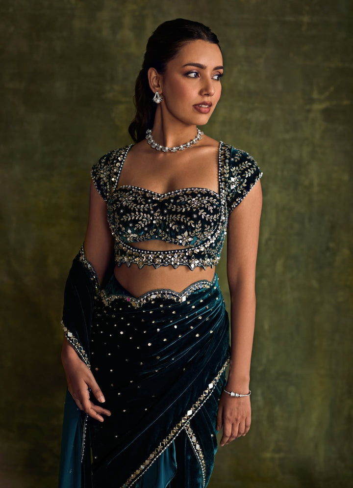 Teal Blue Velvet Embroidered Pre - Draped Saree Sanya Gulati - Fabilicious Fashion