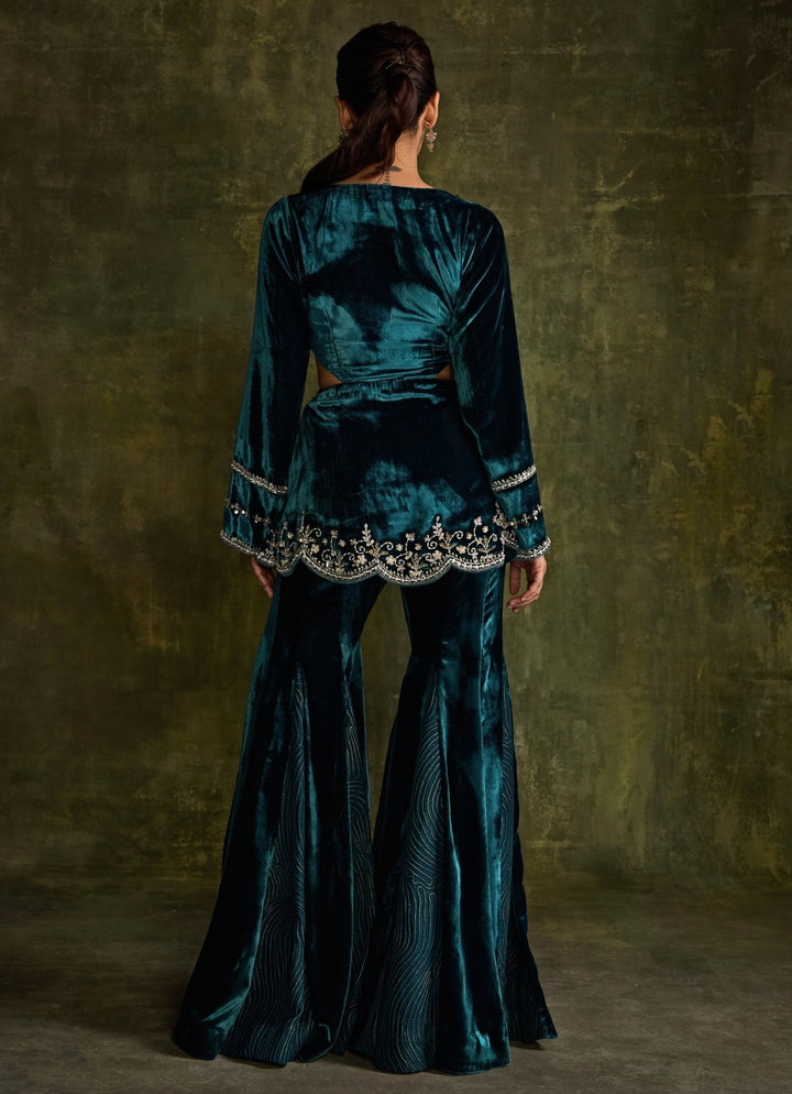 Teal Blue Velvet Peplum Kurta Pants Set Sanya Gulati - Fabilicious Fashion