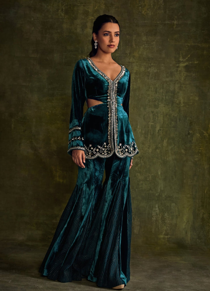 Teal Blue Velvet Peplum Kurta Pants Set Sanya Gulati - Fabilicious Fashion