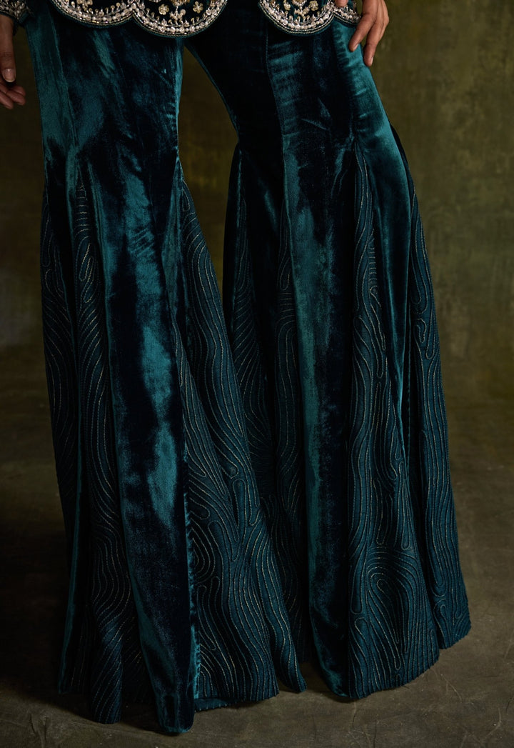 Teal Blue Velvet Peplum Kurta Pants Set Sanya Gulati - Fabilicious Fashion