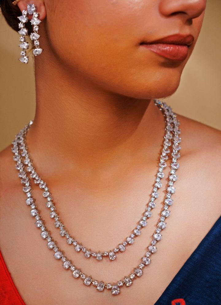 Two Line Faux Diamond Necklace Set Zevar by Geeta - Fabilicious Fashion