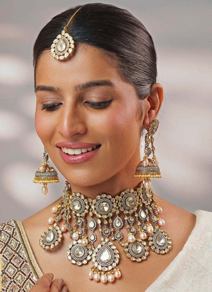 Uncut Polki Kundan Gold Necklace Set Zevar by Geeta - Fabilicious Fashion