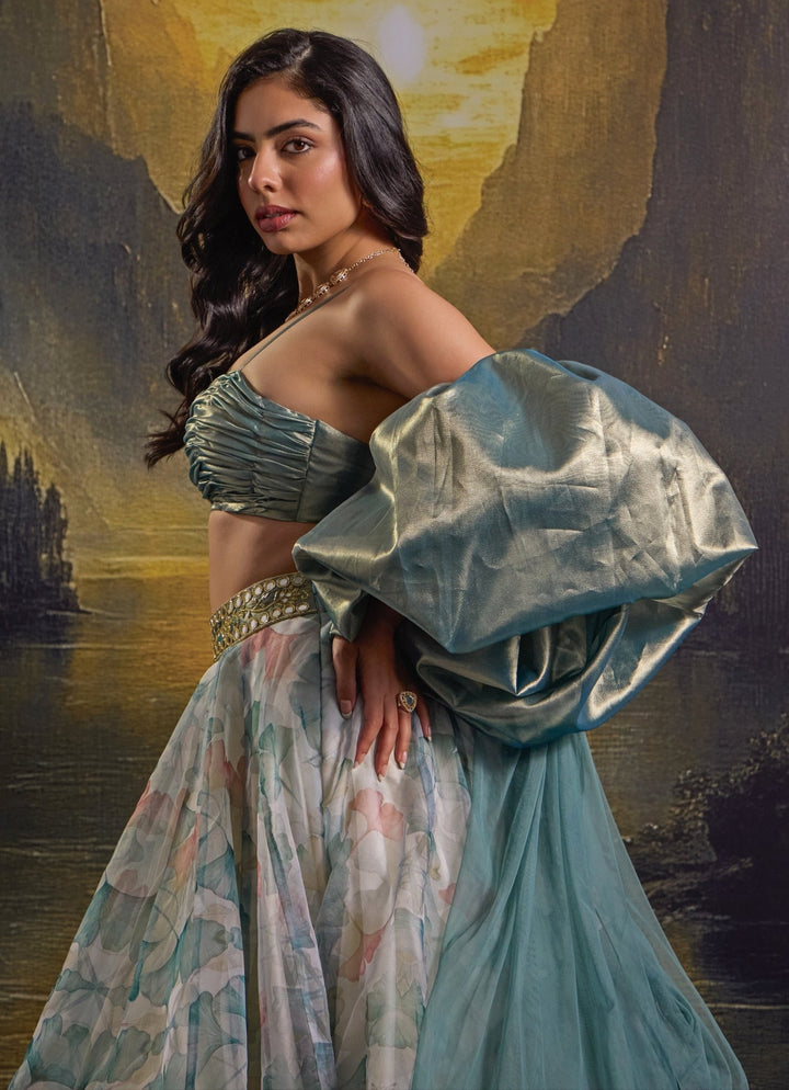 White And Mint Green Printed And Embroidered Organza Skirt Set Rashika Sharma - Fabilicious Fashion