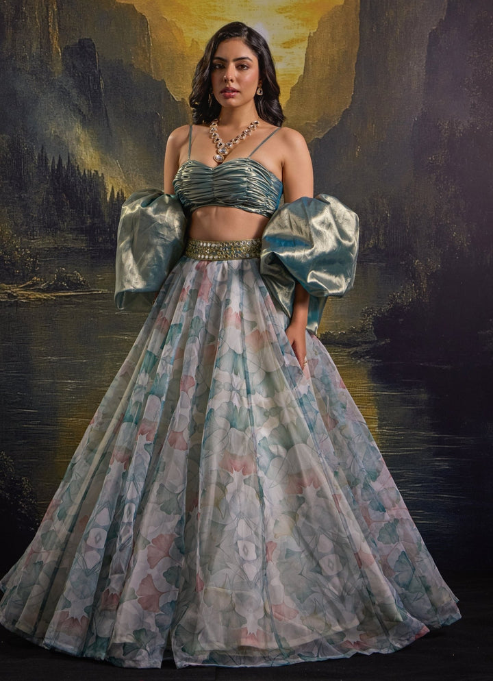 White And Mint Green Printed And Embroidered Organza Skirt Set Rashika Sharma - Fabilicious Fashion