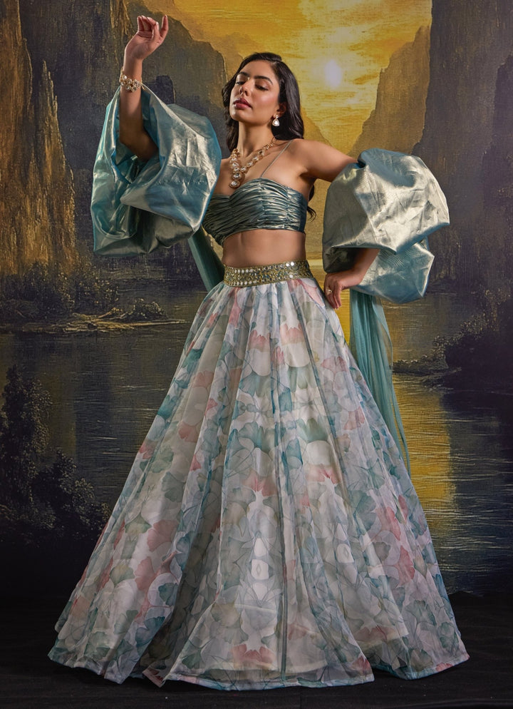 White And Mint Green Printed And Embroidered Organza Skirt Set Rashika Sharma - Fabilicious Fashion