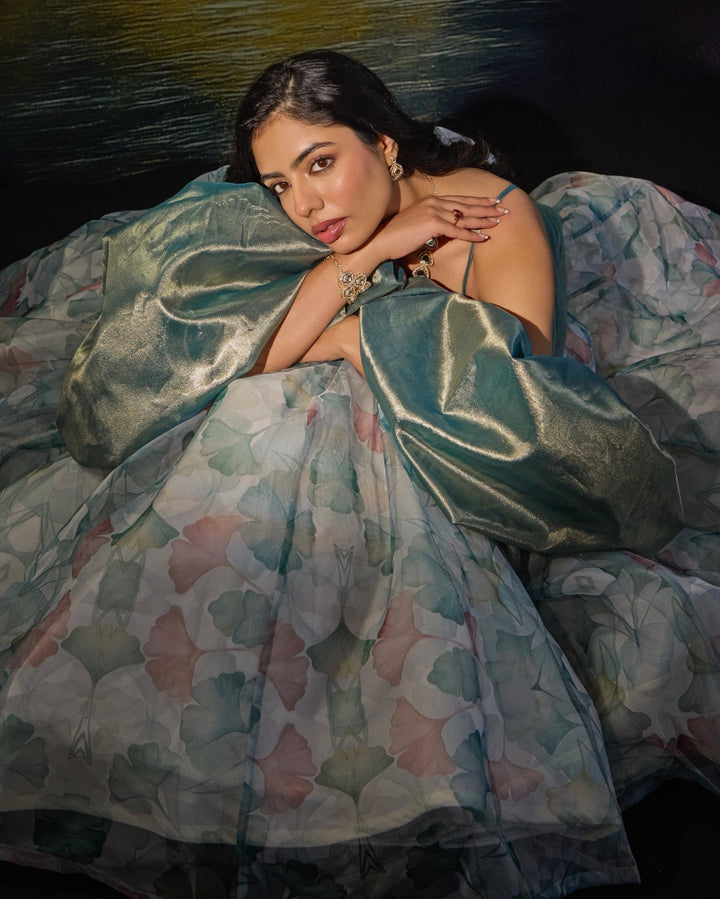 White And Mint Green Printed And Embroidered Organza Skirt Set Rashika Sharma - Fabilicious Fashion