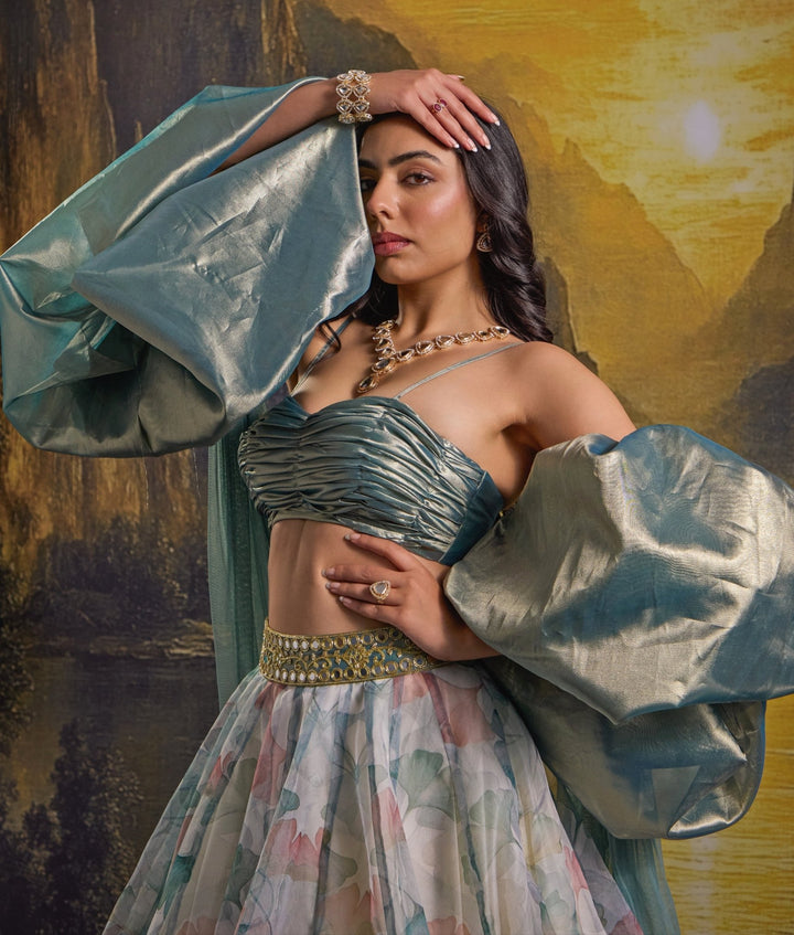 White And Mint Green Printed And Embroidered Organza Skirt Set Rashika Sharma - Fabilicious Fashion