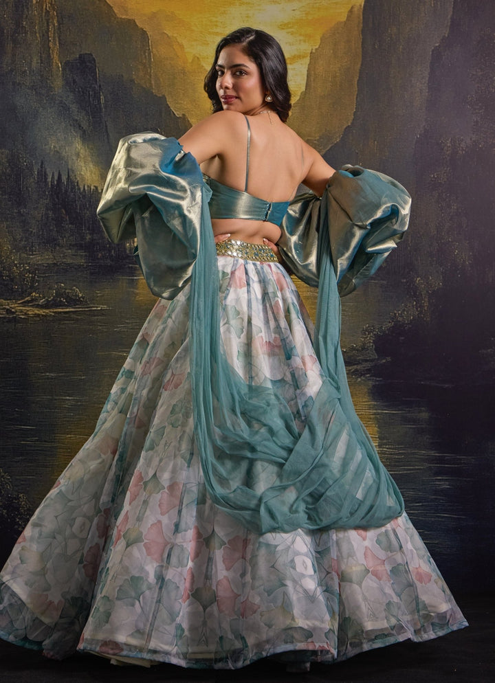 White And Mint Green Printed And Embroidered Organza Skirt Set Rashika Sharma - Fabilicious Fashion