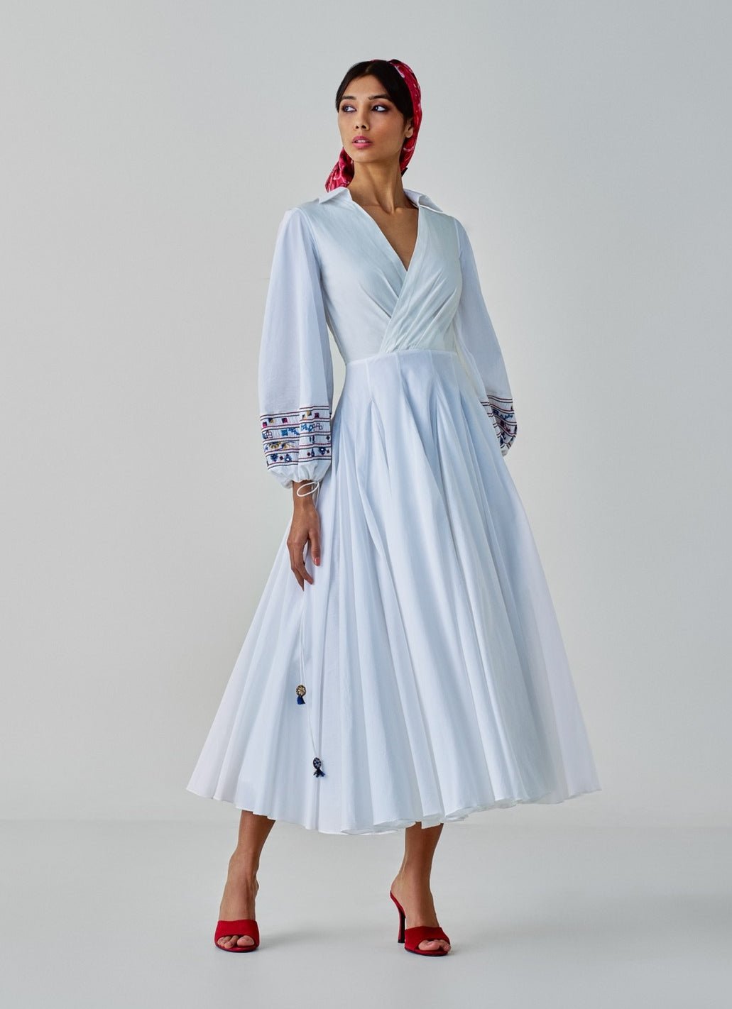 white embroidered wrap dress White Embroidered Lace Midi Dress with Ruffled Cap Sleeves and V-Neckline Large main image 1