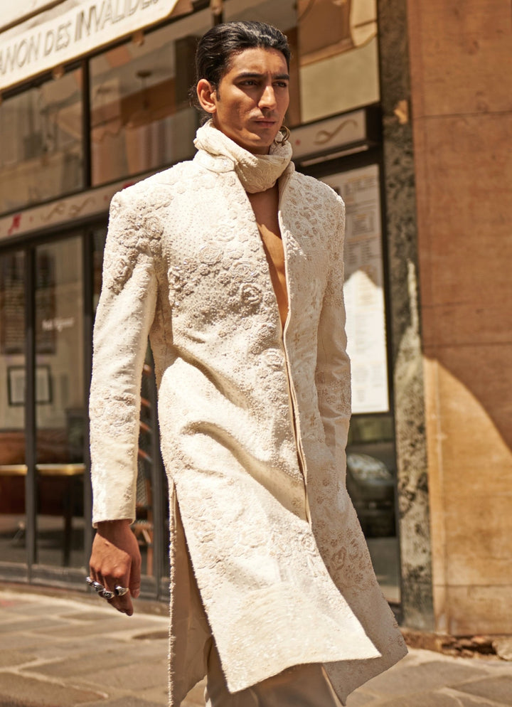 White Embroidered Sherwani Set With Dupatta Jigar and Nikita - Fabilicious Fashion