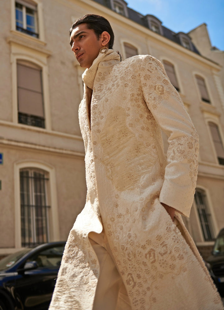 White Embroidered Sherwani Set With Dupatta Jigar and Nikita - Fabilicious Fashion