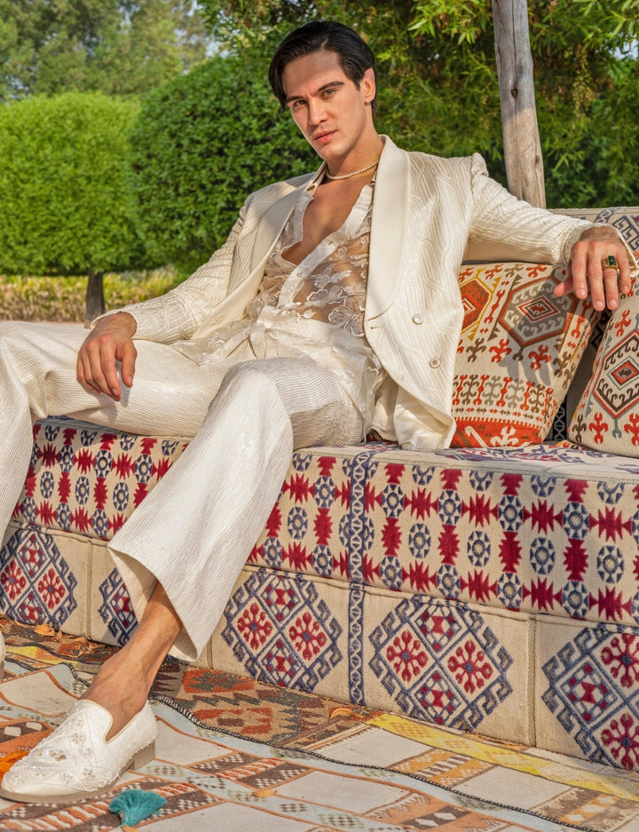 White Embroidered Tuxedo Set Jigar and Nikita - Fabilicious Fashion