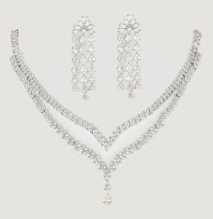 White Finish 2 - Layer Diamond Necklace Set Zevar By Geeta - Fabilicious Fashion