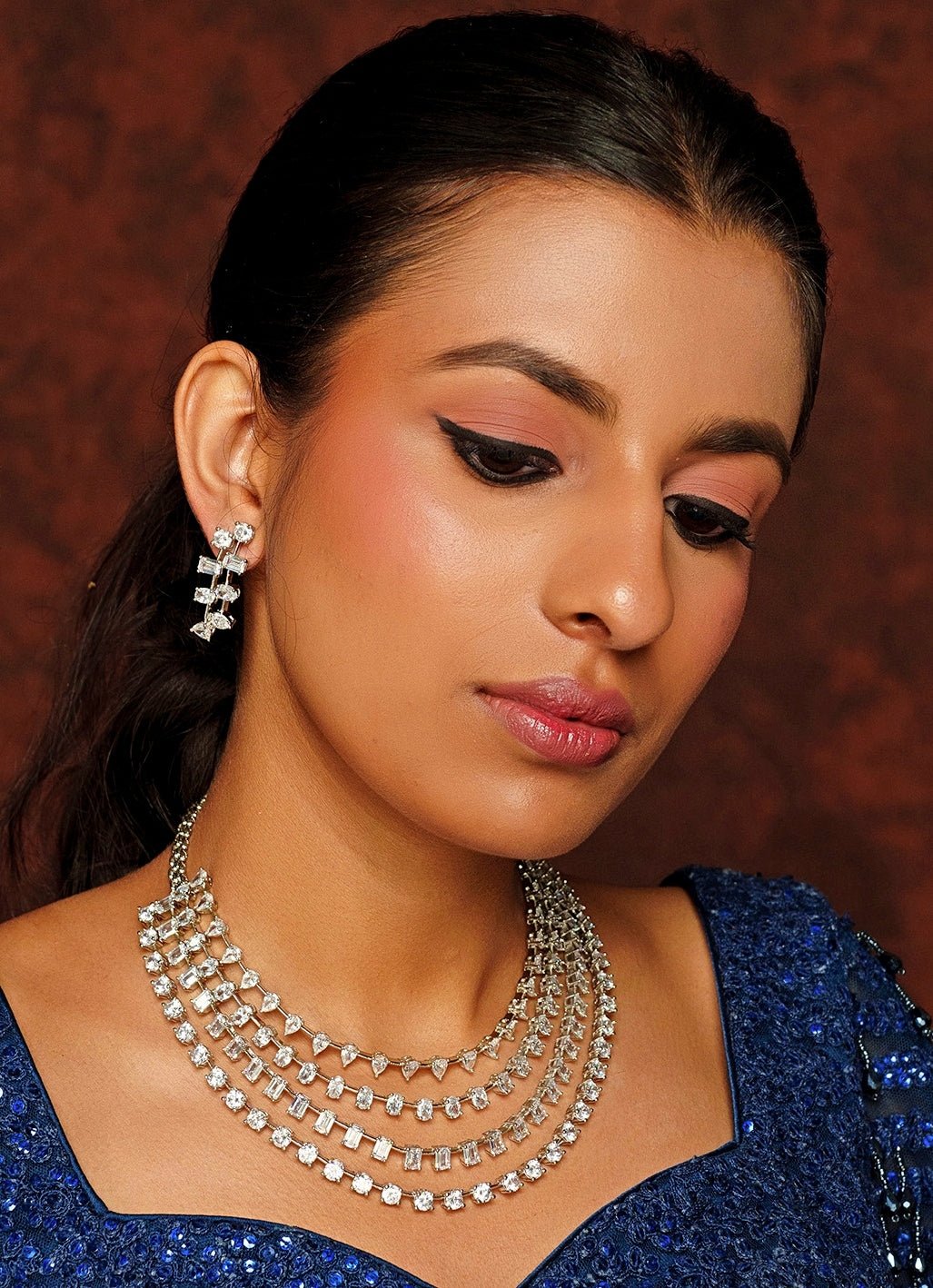 White Finish Layered Diamond Necklace Set Zevar By Geeta Fabilicious Fashion