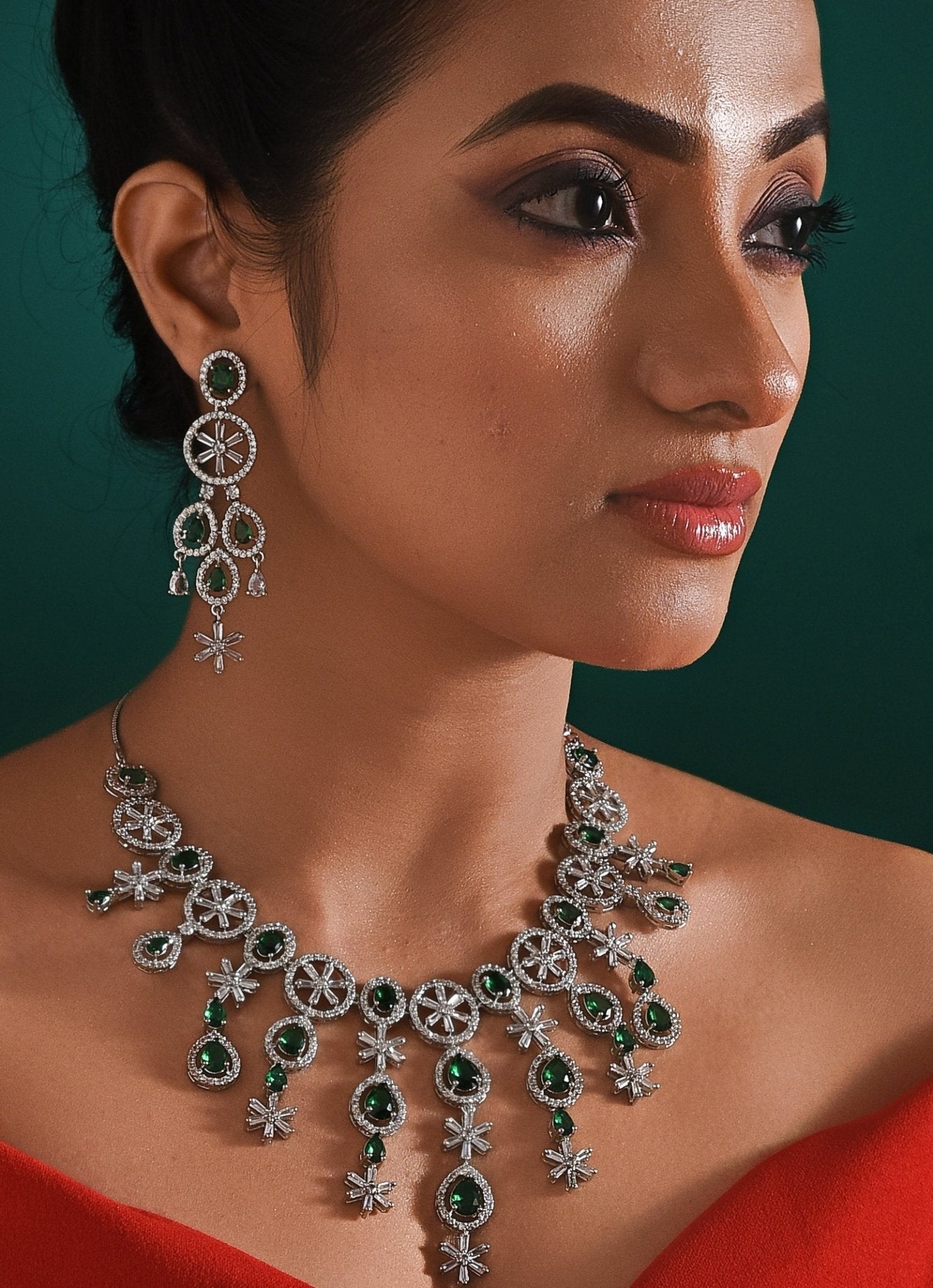 White Gold Plated Emerald Green And Zircon Stone Necklace Set Fabilicious Fashion
