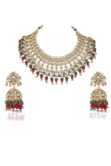 White Jadtar Stone Heavy Bridal Necklace Set Pink Beads And Jhumki Earrings Riana by Shikha Jindal - Fabilicious Fashion