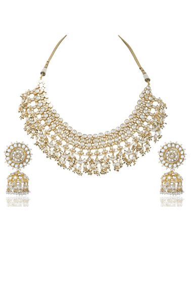 White Jadtar Stone Heavy Bridal Set With Pearl Riana by Shikha Jindal - Fabilicious Fashion