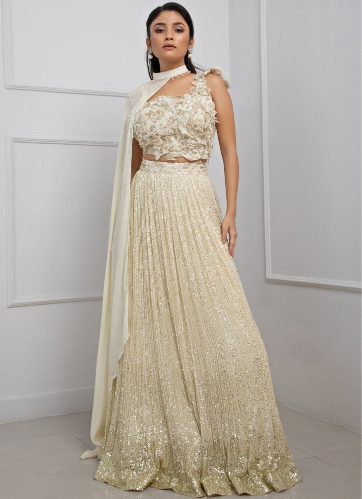 White Sequin Chiffon Lehenga Set With Choker Neck Cape Smriti - Fabilicious Fashion