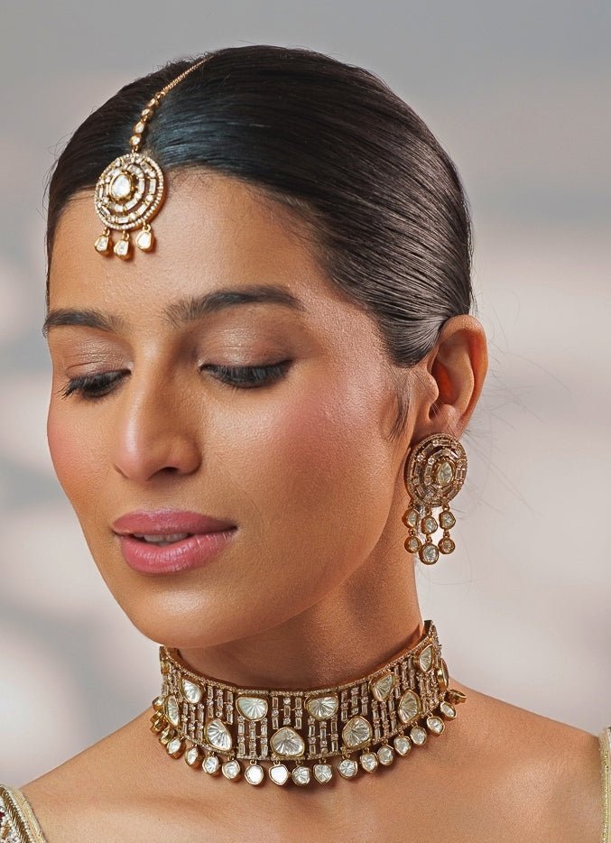 White Stone And Two Tone Polki Choker Set Zevar by Geeta - Fabilicious Fashion