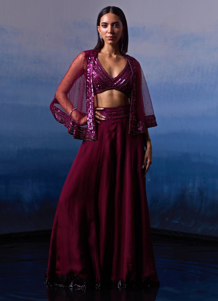 Wine Embellished Organza Sharara with Cape Angad Singh - Fabilicious Fashion