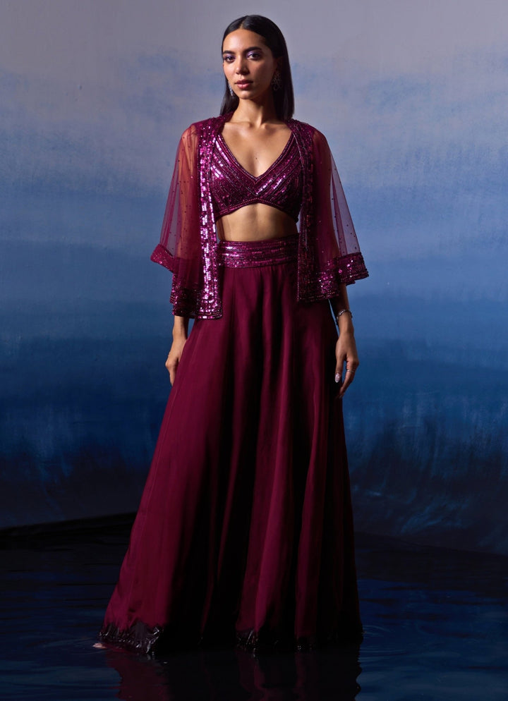 Wine Embellished Organza Sharara with Cape Angad Singh - Fabilicious Fashion
