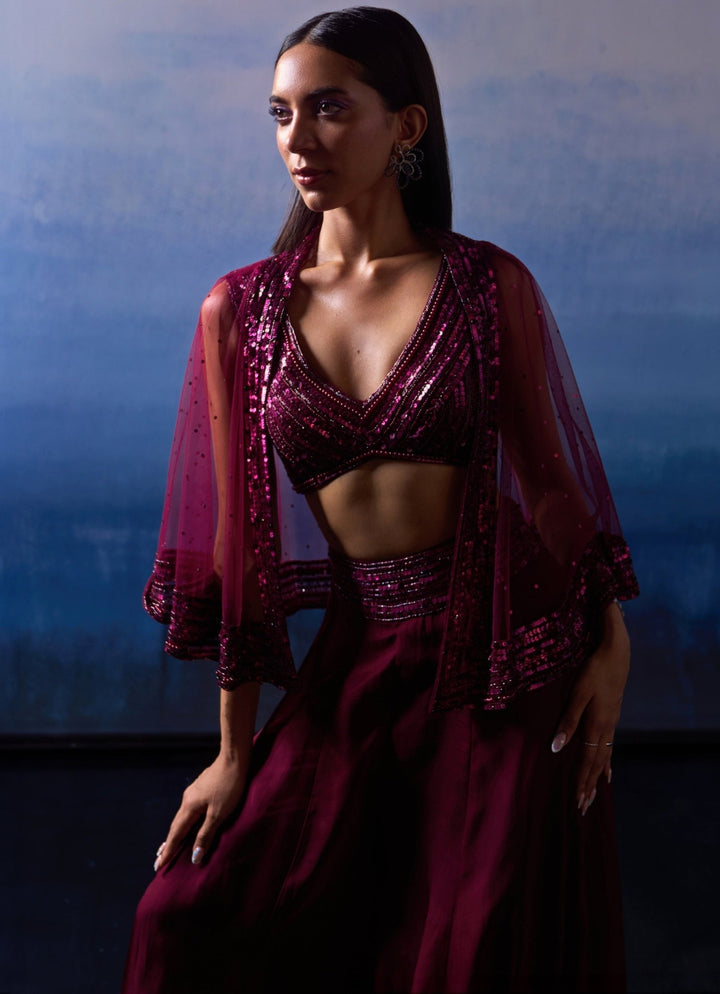 Wine Embellished Organza Sharara with Cape Angad Singh - Fabilicious Fashion