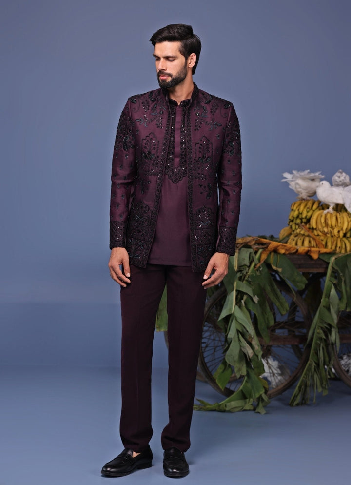 Wine Embroidered Jodhpuri Jacket Pant Set Kalpraag - Fabilicious Fashion
