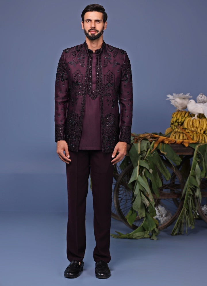 Wine Embroidered Jodhpuri Jacket Pant Set Kalpraag - Fabilicious Fashion