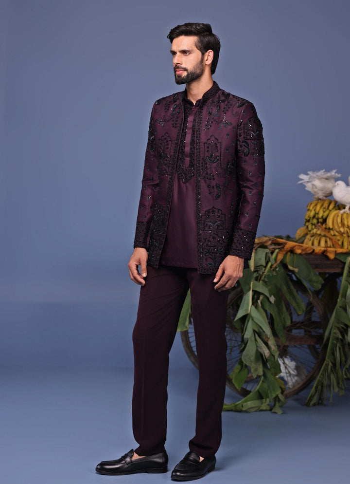 Wine Embroidered Jodhpuri Jacket Pant Set Kalpraag - Fabilicious Fashion