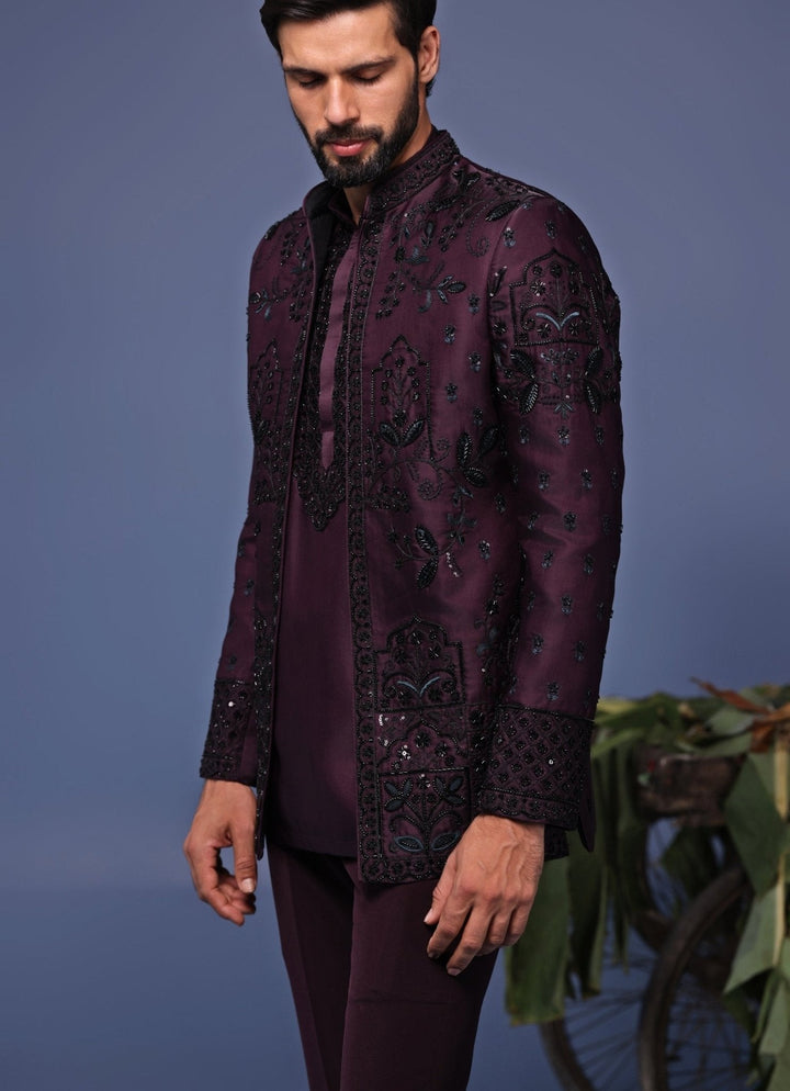 Wine Embroidered Jodhpuri Jacket Pant Set Kalpraag - Fabilicious Fashion