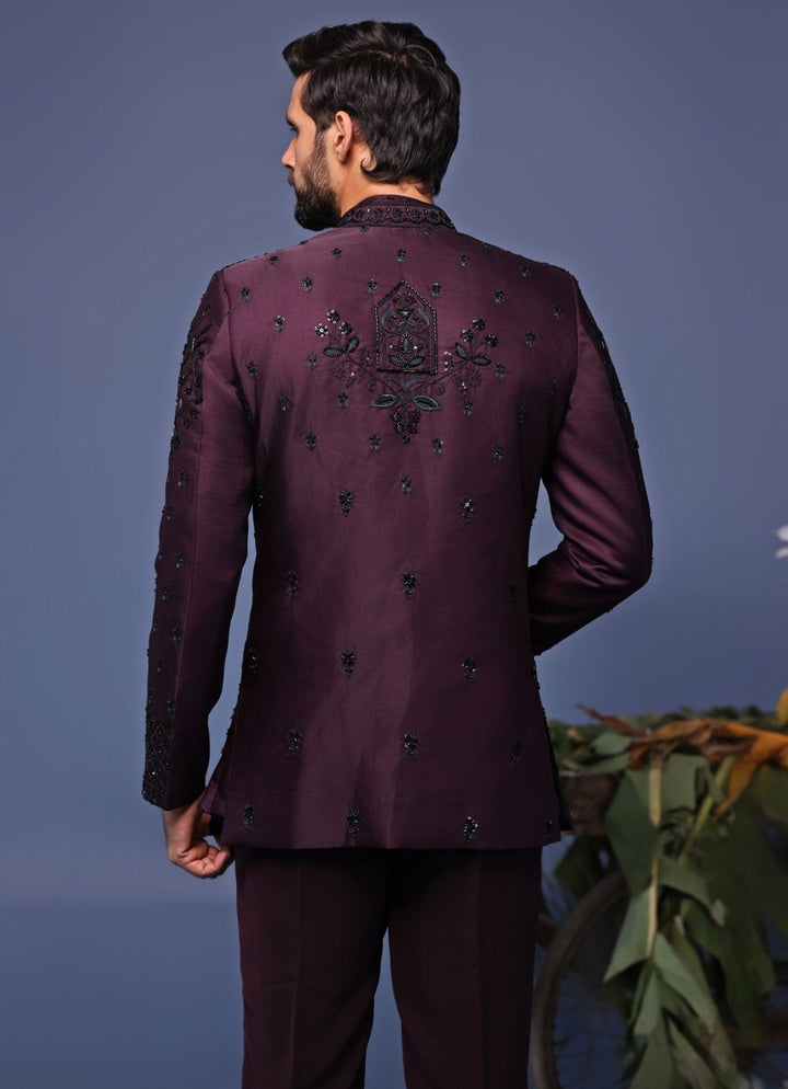 Wine Embroidered Jodhpuri Jacket Pant Set Kalpraag - Fabilicious Fashion