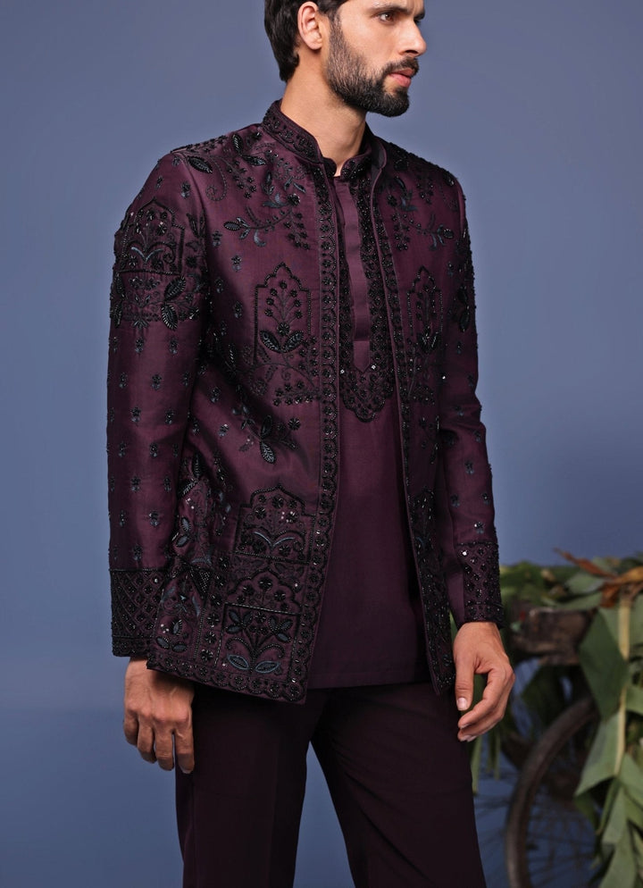 Wine Embroidered Jodhpuri Jacket Pant Set Kalpraag - Fabilicious Fashion