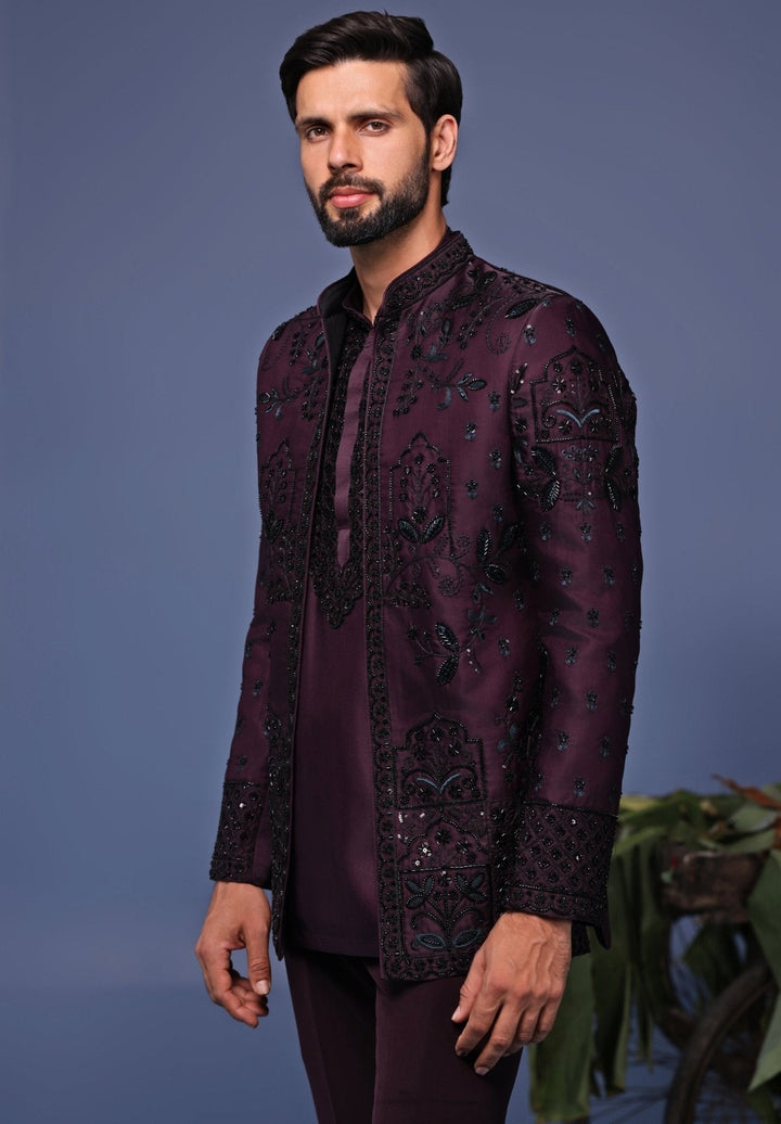 Wine Embroidered Jodhpuri Jacket Pant Set Kalpraag - Fabilicious Fashion