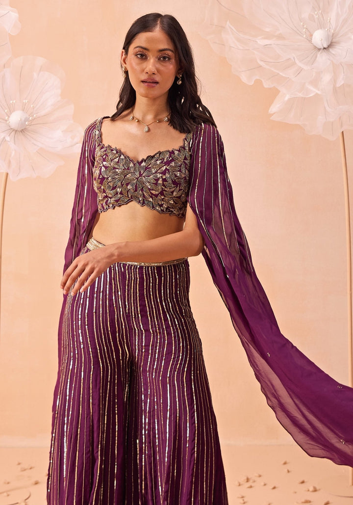 Wine Embroidered Pant Set Parul Gandhi - Fabilicious Fashion