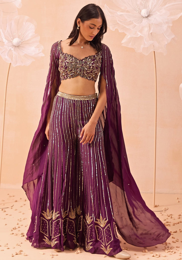 Wine Embroidered Pant Set Parul Gandhi - Fabilicious Fashion