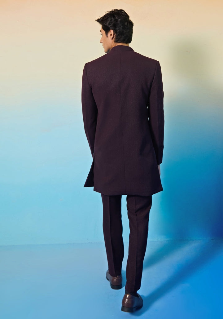 Wine Embroidered Sherwani Set Contrast by Parth - Fabilicious Fashion