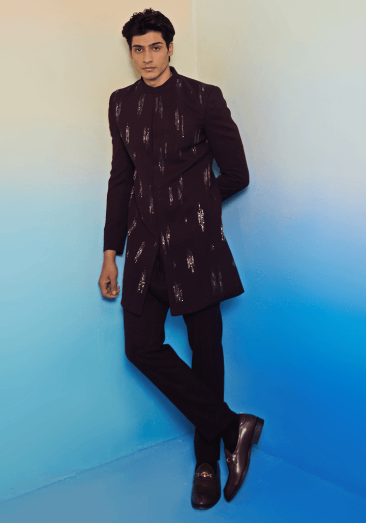 Wine Embroidered Sherwani Set Contrast by Parth - Fabilicious Fashion