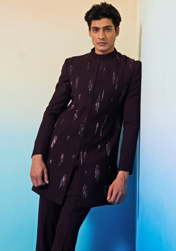 Wine Embroidered Sherwani Set Contrast by Parth - Fabilicious Fashion