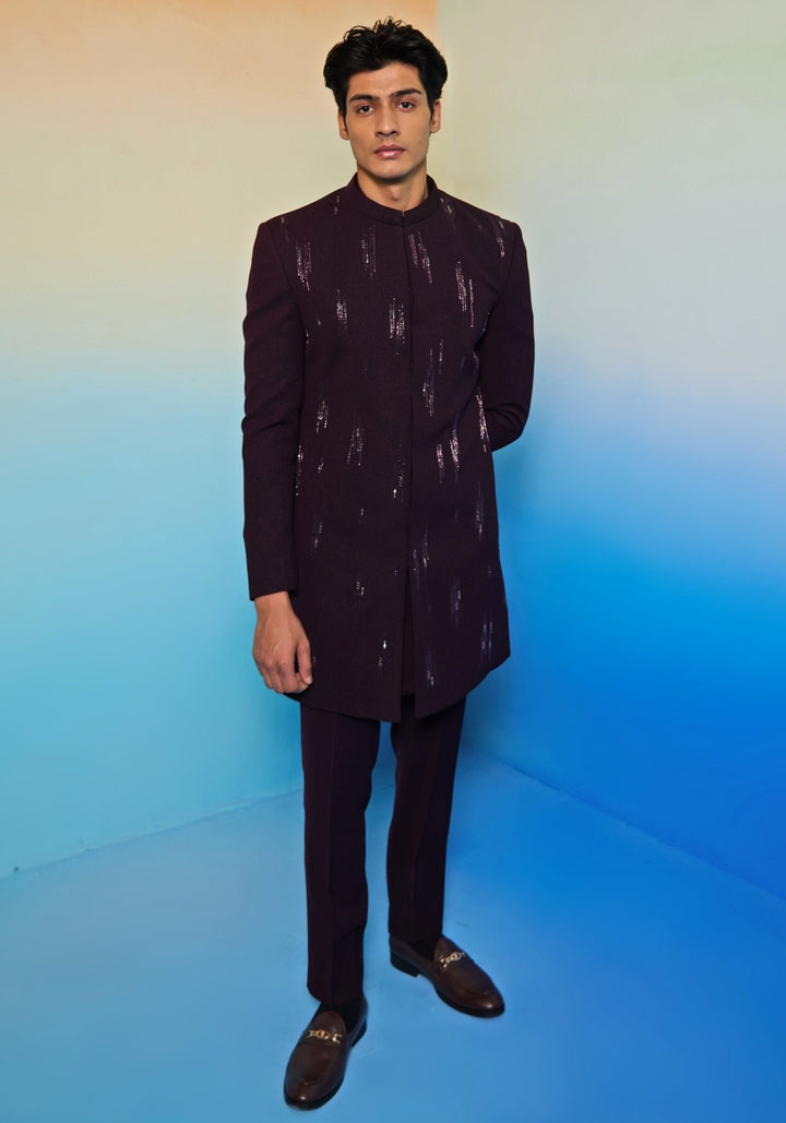 Wine Embroidered Sherwani Set Contrast by Parth - Fabilicious Fashion