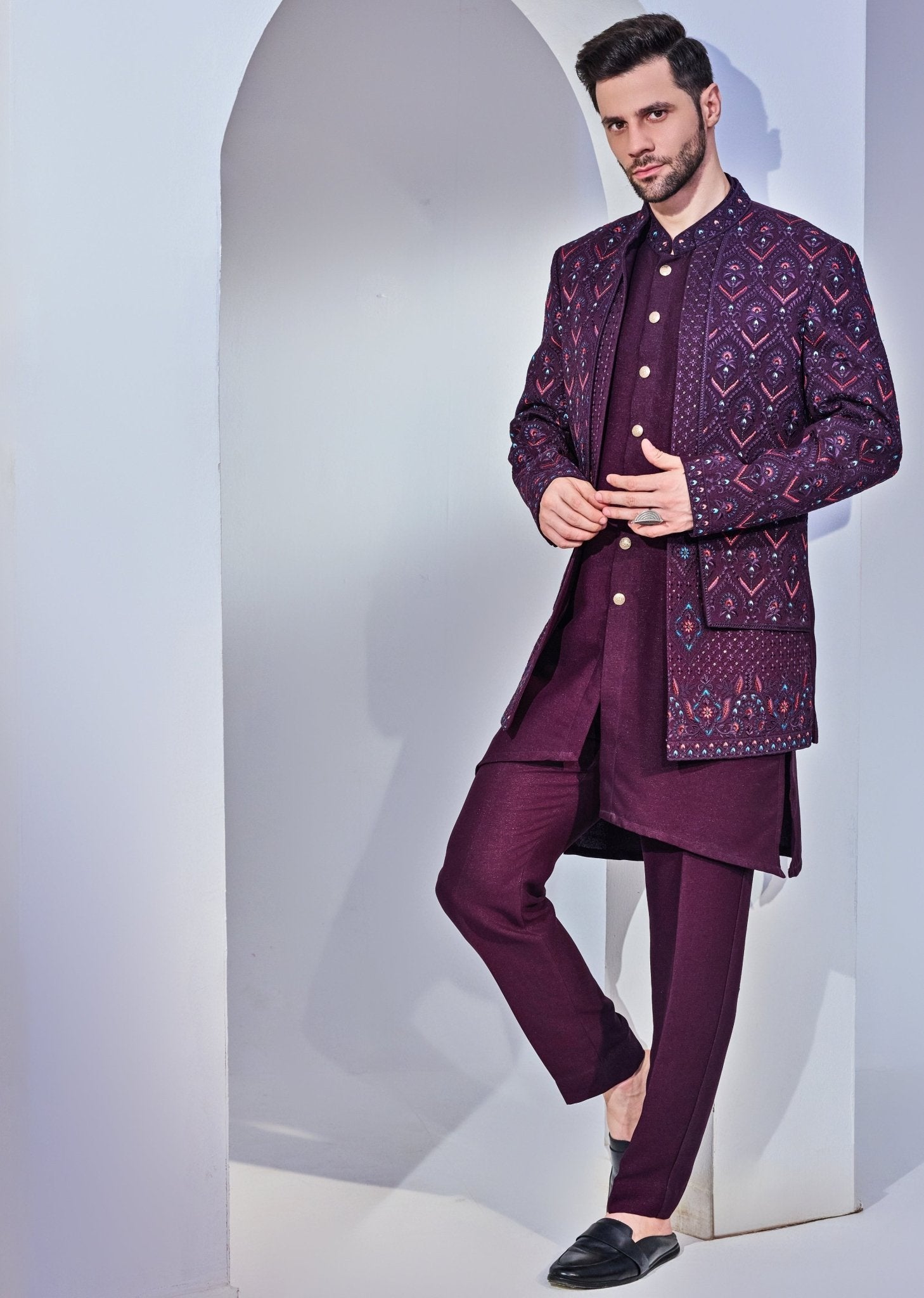 Wine Indo Western Embroidery Kurta Jacket Set