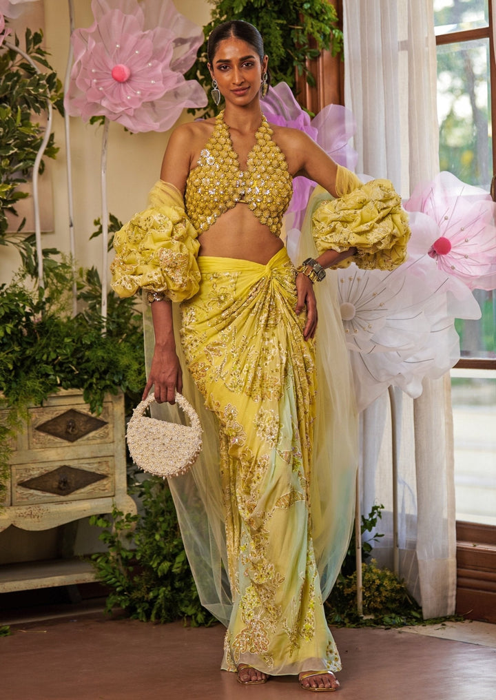 Yellow And Aqua Blue Ombre Embroidered Draped Skirt Set Moledro - Fabilicious Fashion