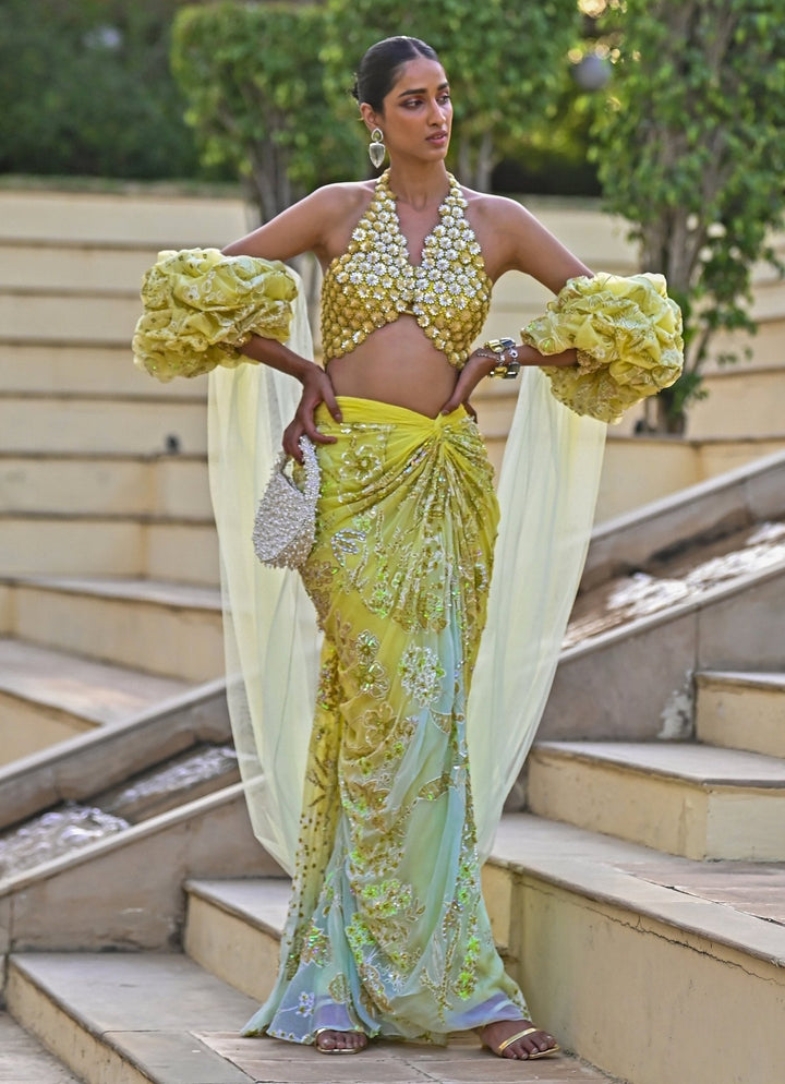Yellow And Aqua Blue Ombre Embroidered Draped Skirt Set Moledro - Fabilicious Fashion